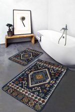 2'li Set Lacivert Zeminde Kilim Motifli Baklava Desenli Etnik Motifler Vintage  2'li Banyo & Mutfak Paspas Takımı Realhomes