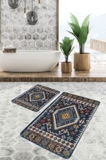 2'li Set Lacivert Zeminde Kilim Motifli Baklava Desenli Etnik Motifler Vintage  2'li Banyo & Mutfak Paspas Takımı Realhomes
