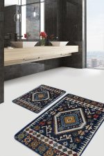 2'li Set Lacivert Zeminde Kilim Motifli Baklava Desenli Etnik Motifler Vintage  2'li Banyo & Mutfak Paspas Takımı Realhomes