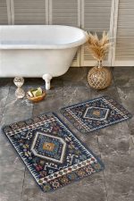 2'li Set Lacivert Zeminde Kilim Motifli Baklava Desenli Etnik Motifler Vintage  2'li Banyo & Mutfak Paspas Takımı Realhomes
