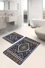 2'li Set Lacivert Zeminde Kilim Motifli Baklava Desenli Etnik Motifler Vintage  2'li Banyo & Mutfak Paspas Takımı Realhomes