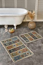 - Realhomes - Realhomes  2'li Set Renkli Zeminde Kilim Motifli Baklava Desenli Avangarde Vintage  2'li Banyo & Mutfak Paspas Takımı Realhomes