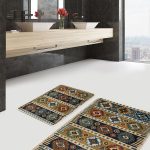 2'li Set Kremit Zeminde Çizgili Motifli Geometrik Desenli Geometrik Klasik  2'li Banyo & Mutfak Paspas Takımı Realhomes