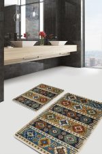 - PaspasTakimi-2li-Set478-Gorsel - Realhomes  2'li Set Renkli Zeminde Kilim Motifli Baklava Desenli Avangarde Vintage  2'li Banyo & Mutfak Paspas Takımı Realhomes