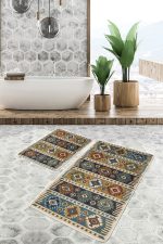 - PaspasTakimi-2li-Set478-Gorsel-4 - Realhomes  2'li Set Renkli Zeminde Kilim Motifli Baklava Desenli Avangarde Vintage  2'li Banyo & Mutfak Paspas Takımı Realhomes