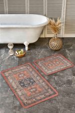 - Realhomes - Realhomes  2'li Set Kiremit Zeminde Çerçeve Motifli Kilim Desenli Avangarde Etnik Motifler  2'li Banyo & Mutfak Paspas Takımı Realhomes