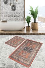 - PaspasTakimi-2li-Set479-Gorsel-4 - Realhomes  2'li Set Kiremit Zeminde Çerçeve Motifli Kilim Desenli Avangarde Etnik Motifler  2'li Banyo & Mutfak Paspas Takımı Realhomes