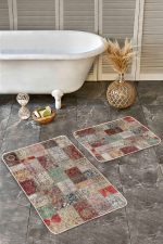 - Realhomes - Realhomes  2'li Set Çok Renki Zeminde Patchwork Motifli Eskitme Desenli Etnik Motifler Vintage  2'li Banyo & Mutfak Paspas Takımı Realhomes