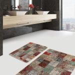 2'li Set Mavi Zeminde Yöresel Motifli Kilim Desenli Geometrik Etnik Motifler  2'li Banyo & Mutfak Paspas Takımı Realhomes