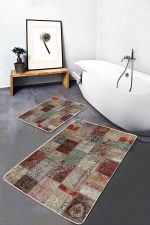 - PaspasTakimi-2li-Set483-Gorsel-5 - Realhomes  2'li Set Çok Renki Zeminde Patchwork Motifli Eskitme Desenli Etnik Motifler Vintage  2'li Banyo & Mutfak Paspas Takımı Realhomes