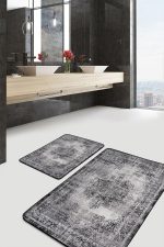 - PaspasTakimi-2li-Set484-Gorsel-1 - Realhomes  2'li Set Gri Zeminde Damask Motifli Kilim Desenli Eskitme Motifli Etnik Motifler  2'li Banyo & Mutfak Paspas Takımı Realhomes