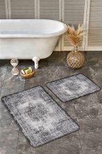 - Realhomes - Realhomes  2'li Set Gri Zeminde Damask Motifli Kilim Desenli Eskitme Motifli Etnik Motifler  2'li Banyo & Mutfak Paspas Takımı Realhomes
