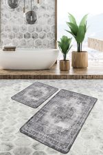 - PaspasTakimi-2li-Set484-Gorsel-5 - Realhomes  2'li Set Gri Zeminde Damask Motifli Kilim Desenli Eskitme Motifli Etnik Motifler  2'li Banyo & Mutfak Paspas Takımı Realhomes