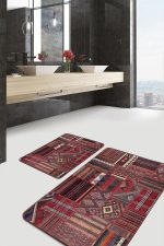 2'li Set Kiremit Zeminde Kilim Motifli Eskitme Desenli Avangarde Etnik Motifler  2'li Banyo & Mutfak Paspas Takımı Realhomes