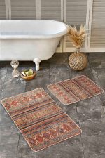 - Realhomes - Realhomes 2'li Set Kiremit Zeminde Kilim Motifli Baklava Desenli Etnik Motifler Avangarde 2'li Banyo & Mutfak Paspas Takımı Realhomes