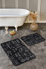 - Realhomes - Realhomes 2'li Set Siyah Zeminde Kilim Motifli Beyaz Baklava Desenli Geometrik Etnik Motifler 2'li Banyo & Mutfak Paspas Takımı Realhomes