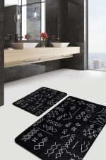 - PaspasTakimi-2li-Set489-Gorsel - Realhomes 2'li Set Siyah Zeminde Kilim Motifli Beyaz Baklava Desenli Geometrik Etnik Motifler 2'li Banyo & Mutfak Paspas Takımı Realhomes