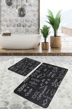 - PaspasTakimi-2li-Set489-Gorsel-4 - Realhomes 2'li Set Siyah Zeminde Kilim Motifli Beyaz Baklava Desenli Geometrik Etnik Motifler 2'li Banyo & Mutfak Paspas Takımı Realhomes