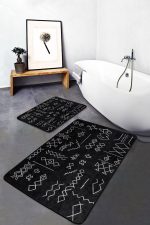 - PaspasTakimi-2li-Set489-Gorsel-5 - Realhomes 2'li Set Siyah Zeminde Kilim Motifli Beyaz Baklava Desenli Geometrik Etnik Motifler 2'li Banyo & Mutfak Paspas Takımı Realhomes