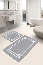 - PaspasTakimi-2li-Set490-Gorsel-1 - Realhomes  2'li Set Gri Zeminde Modern Motifli Çerçeve Desenli Geometrik Sade & Şık  2'li Banyo & Mutfak Paspas Takımı Realhomes