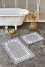 - Realhomes - Realhomes  2'li Set Gri Zeminde Modern Motifli Çerçeve Desenli Geometrik Sade & Şık  2'li Banyo & Mutfak Paspas Takımı Realhomes