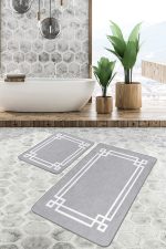 - PaspasTakimi-2li-Set490-Gorsel-2 - Realhomes  2'li Set Gri Zeminde Modern Motifli Çerçeve Desenli Geometrik Sade & Şık  2'li Banyo & Mutfak Paspas Takımı Realhomes