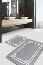 - PaspasTakimi-2li-Set490-Gorsel-5 - Realhomes  2'li Set Gri Zeminde Modern Motifli Çerçeve Desenli Geometrik Sade & Şık  2'li Banyo & Mutfak Paspas Takımı Realhomes