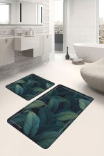 - PaspasTakimi-2li-Set491-Gorsel-1 - Realhomes  2'li Set Koyu Lacivert Zeminde Çerçeve Motifli Koyu Yapraklı Desenli Floral Summer & Fresh  2'li Banyo & Mutfak Paspas Takımı Realhomes