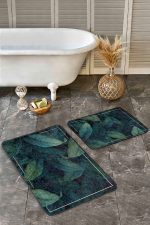 - Realhomes - Realhomes  2'li Set Koyu Lacivert Zeminde Çerçeve Motifli Koyu Yapraklı Desenli Floral Summer & Fresh  2'li Banyo & Mutfak Paspas Takımı Realhomes
