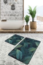 - PaspasTakimi-2li-Set491-Gorsel-2 - Realhomes  2'li Set Koyu Lacivert Zeminde Çerçeve Motifli Koyu Yapraklı Desenli Floral Summer & Fresh  2'li Banyo & Mutfak Paspas Takımı Realhomes