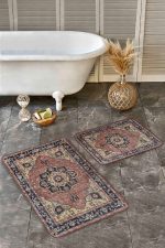 2'li Set Renkli Zeminde Kilim Motifli Hereke Desenli Avangarde Etnik Motifler  2'li Banyo & Mutfak Paspas Takımı Realhomes