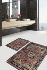 2'li Set Renkli Zeminde Kilim Motifli Hereke Desenli Avangarde Etnik Motifler  2'li Banyo & Mutfak Paspas Takımı Realhomes