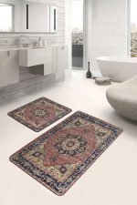 2'li Set Renkli Zeminde Kilim Motifli Hereke Desenli Avangarde Etnik Motifler  2'li Banyo & Mutfak Paspas Takımı Realhomes