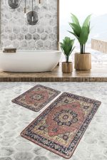 2'li Set Renkli Zeminde Kilim Motifli Hereke Desenli Avangarde Etnik Motifler  2'li Banyo & Mutfak Paspas Takımı Realhomes