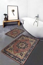 2'li Set Renkli Zeminde Kilim Motifli Hereke Desenli Avangarde Etnik Motifler  2'li Banyo & Mutfak Paspas Takımı Realhomes