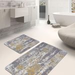 2'li Set Gri Zeminde Çerçeveli Motifli Dokuma Halı Desenli Geometrik Sade & Şık  2'li Banyo & Mutfak Paspas Takımı Realhomes