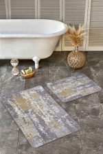 - Realhomes - Realhomes  2'li Set Sarı ve Gri Zeminde Modern Motifli Antika Desenli Eskitme Motifli Vintage  2'li Banyo & Mutfak Paspas Takımı Realhomes