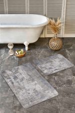 - Realhomes - Realhomes  2'li Set Gri Zeminde Eskitme Motifli Duvar Desenli Vintage Eskitme Motifli  2'li Banyo & Mutfak Paspas Takımı Realhomes