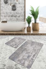 - PaspasTakimi-2li-Set494-Gorsel-5 - Realhomes  2'li Set Gri Zeminde Eskitme Motifli Duvar Desenli Vintage Eskitme Motifli  2'li Banyo & Mutfak Paspas Takımı Realhomes