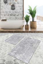 - PaspasTakimi-2li-Set495-Gorsel-2 - Realhomes 2'li Set Açık Gri Zeminde Eskitme Motifli Duvar Desenli Eskitme Motifli Vintage 2'li Banyo & Mutfak Paspas Takımı Realhomes