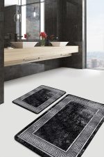 - PaspasTakimi-2li-Set496-Gorsel-1 - Realhomes 2'li Set Siyah Zeminde Çerçeve Motifli Geometrik Desenli Eskitme Motifli Klasik 2'li Banyo & Mutfak Paspas Takımı Realhomes