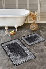 - Realhomes - Realhomes 2'li Set Siyah Zeminde Çerçeve Motifli Geometrik Desenli Eskitme Motifli Klasik 2'li Banyo & Mutfak Paspas Takımı Realhomes