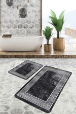 - PaspasTakimi-2li-Set496-Gorsel-5 - Realhomes 2'li Set Siyah Zeminde Çerçeve Motifli Geometrik Desenli Eskitme Motifli Klasik 2'li Banyo & Mutfak Paspas Takımı Realhomes