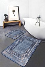 2'li Set Açık Mavi Zeminde Duvar Motifli Çerçeve Desenli Vintage Klasik  2'li Banyo & Mutfak Paspas Takımı Realhomes