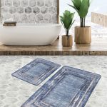 2'li Set Siyah - Bej Zeminde Geometrik Motifli Klasik Desenli Geometrik Sade & Şık  2'li Banyo & Mutfak Paspas Takımı Realhomes