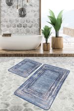 2'li Set Açık Mavi Zeminde Duvar Motifli Çerçeve Desenli Vintage Klasik  2'li Banyo & Mutfak Paspas Takımı Realhomes