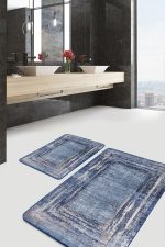 2'li Set Açık Mavi Zeminde Duvar Motifli Çerçeve Desenli Vintage Klasik  2'li Banyo & Mutfak Paspas Takımı Realhomes