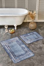 2'li Set Açık Mavi Zeminde Duvar Motifli Çerçeve Desenli Vintage Klasik  2'li Banyo & Mutfak Paspas Takımı Realhomes