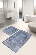 2'li Set Açık Mavi Zeminde Duvar Motifli Çerçeve Desenli Vintage Klasik  2'li Banyo & Mutfak Paspas Takımı Realhomes