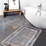 2'li Set Gri - Mavi Zeminde Retro Motifli Kilim Desenli Avangarde Etnik Motifler  2'li Banyo & Mutfak Paspas Takımı Realhomes